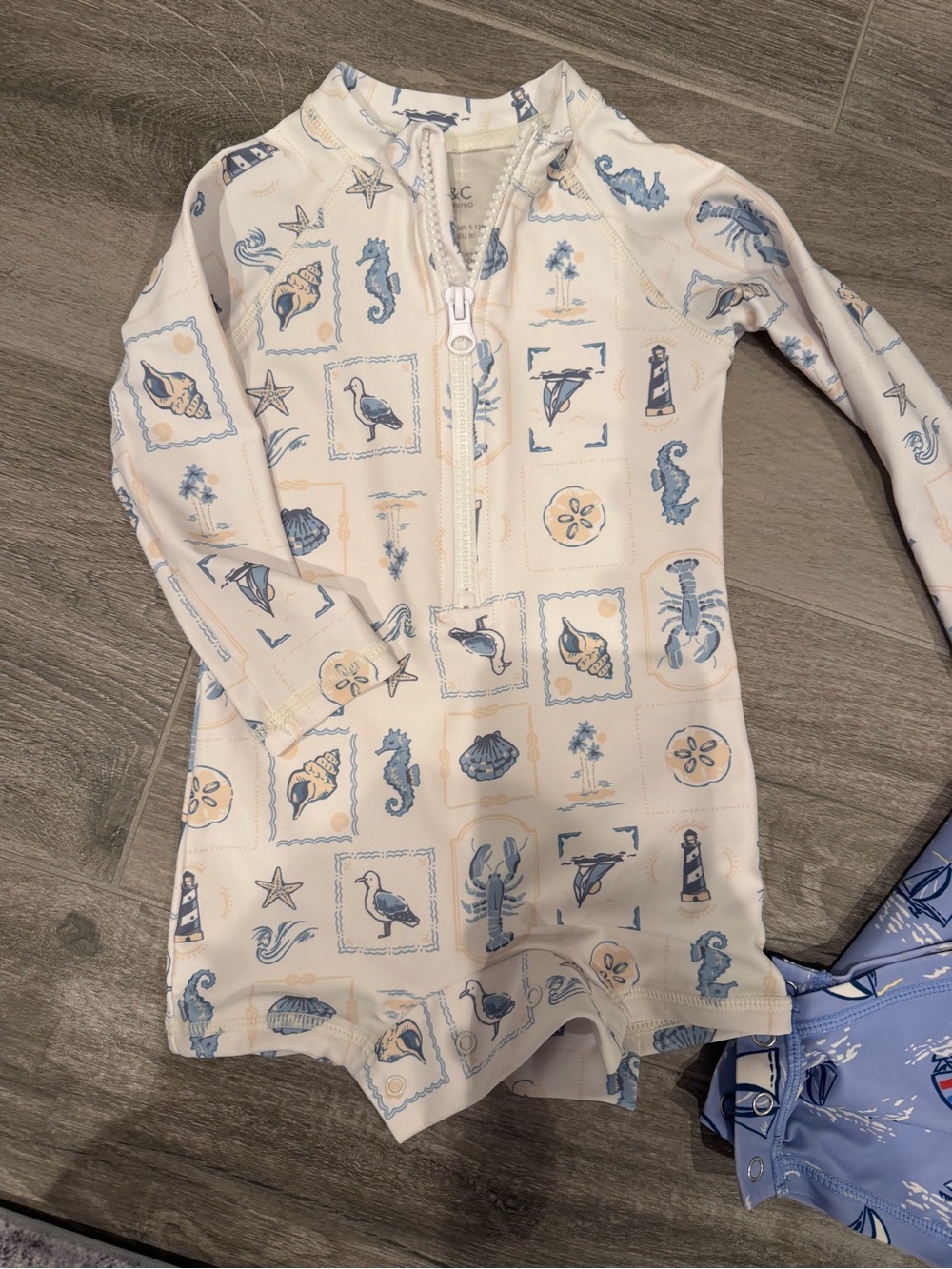 Kids Long Sleeve Zip Swimsuit - Blue & Cream Nautical Print
